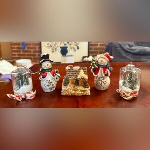 Holiday Ceramic Snowman & Cottage Figurine Set - White, Red, Green